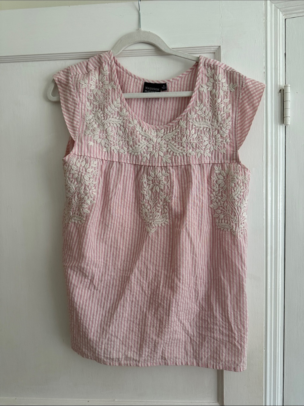 Madison Mathews Pink and White Striped Sleeveless Blouse